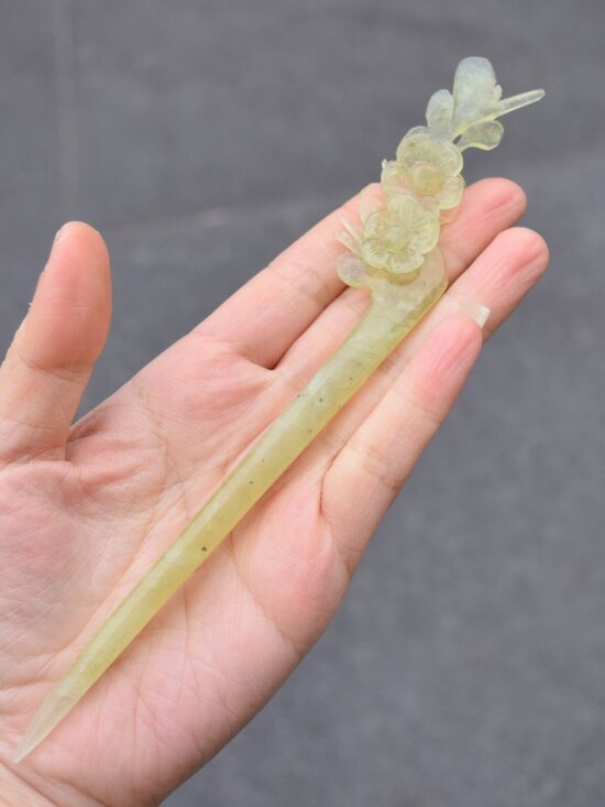 Green Plum Blossom Carved Hairpin - Serpentine Jade Hair Stick main image 6